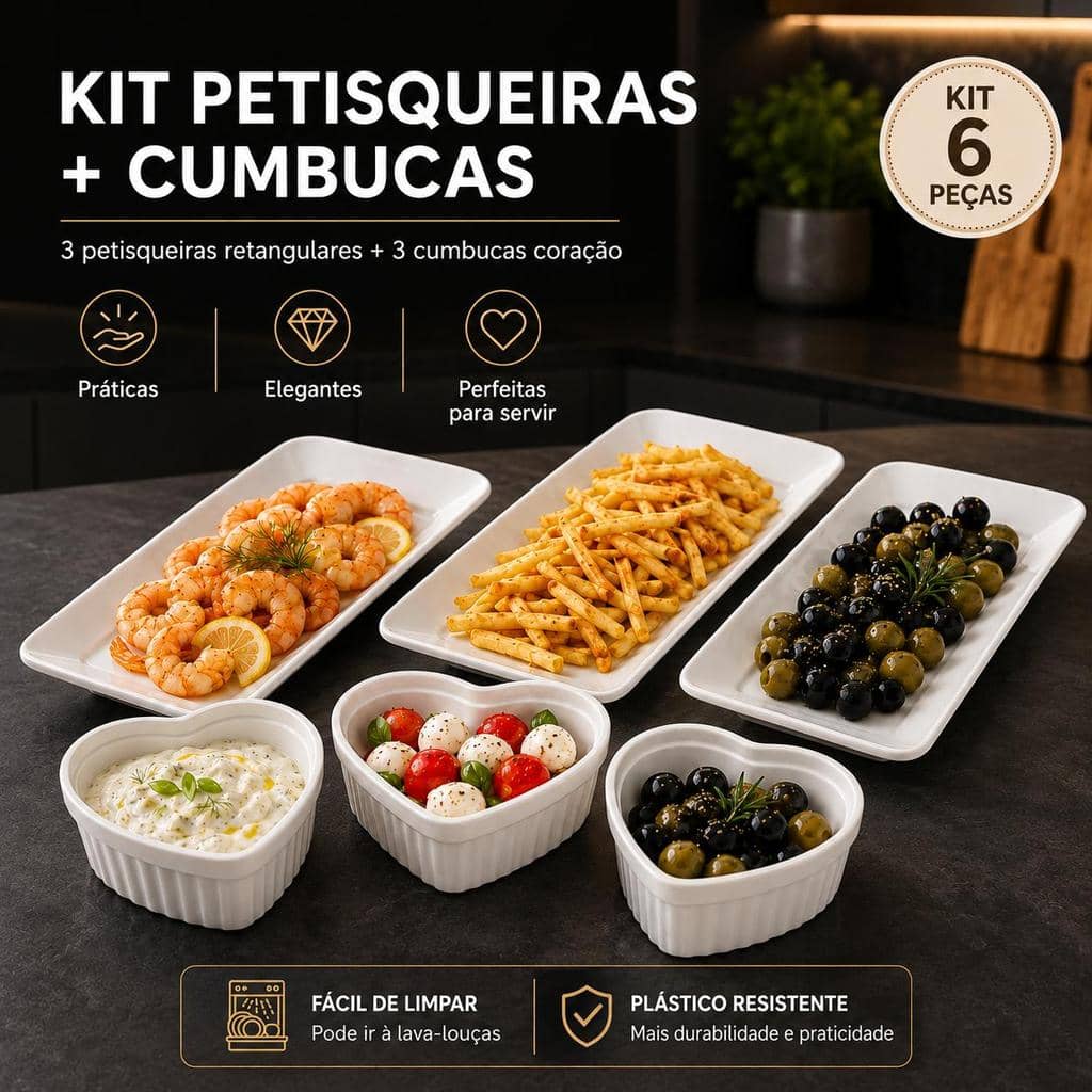 Kit Petisqueira 3un + 3un Cumbuca coração plástico resistente Cor Branco