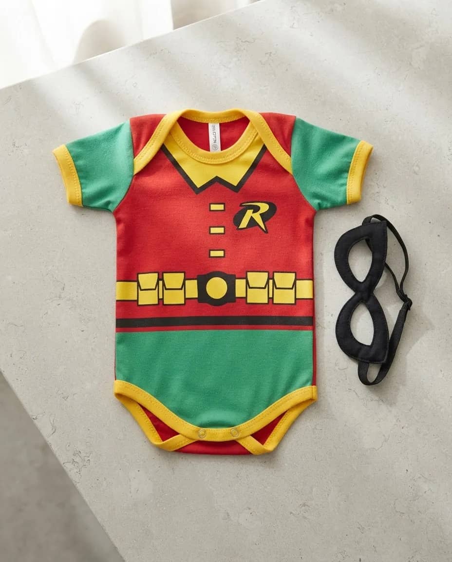 Body Bebê Super Heróis Mesversário Fantasia Robin + Máscara Amarelo G