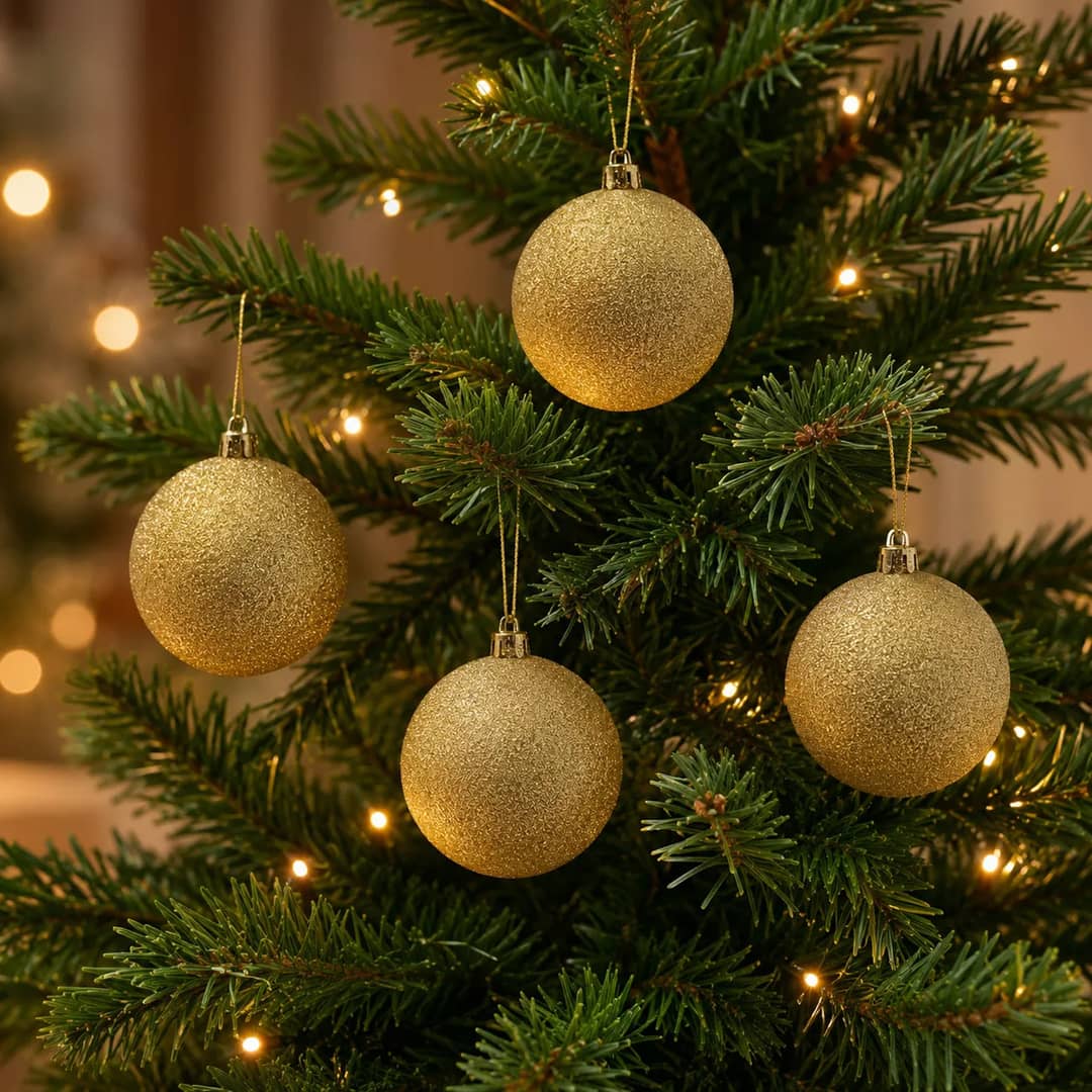 Kit 4 Bolas De Natal Grandes 8cm Glitter Decoração Premium Dourado Bola Natalina Premium Glitter
