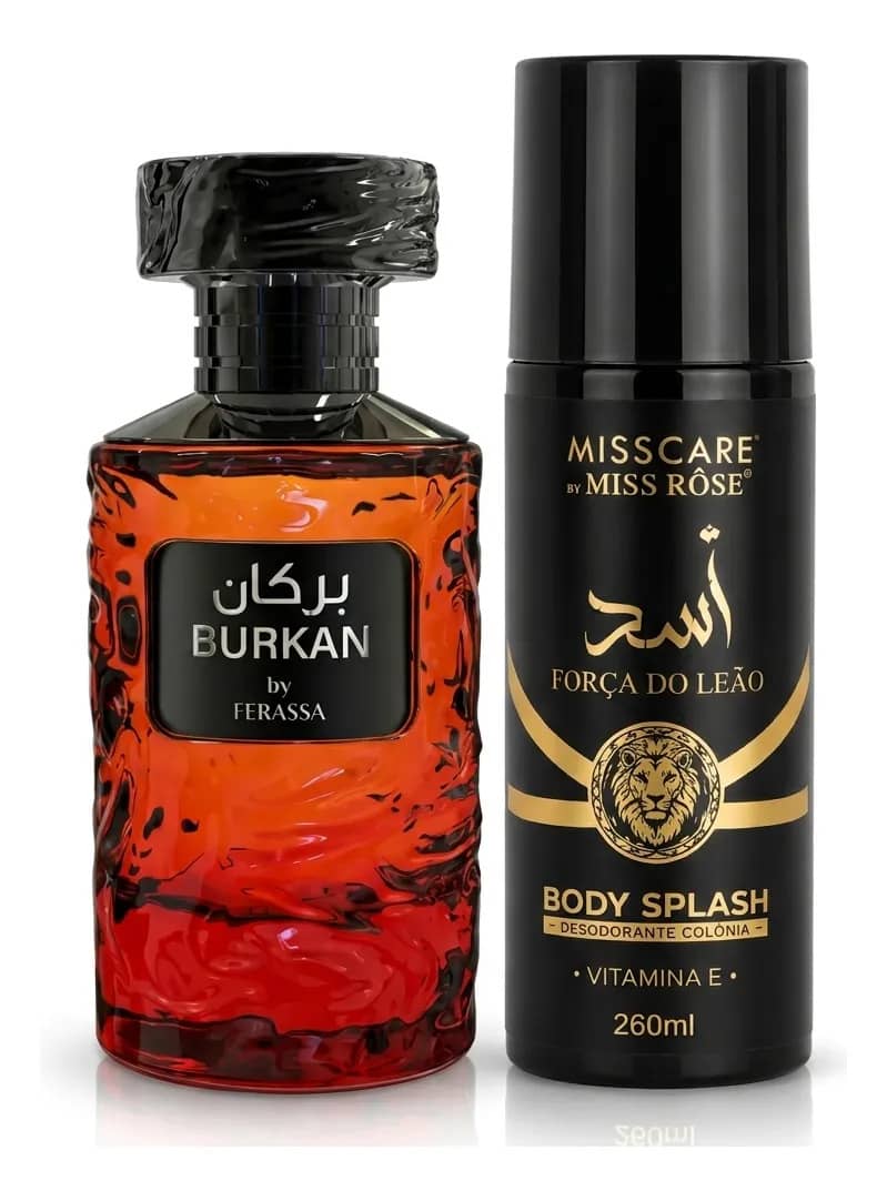Kit Perfume Árabe Burkan 100ml + Body Splash Asad Força Do Leão 200ml