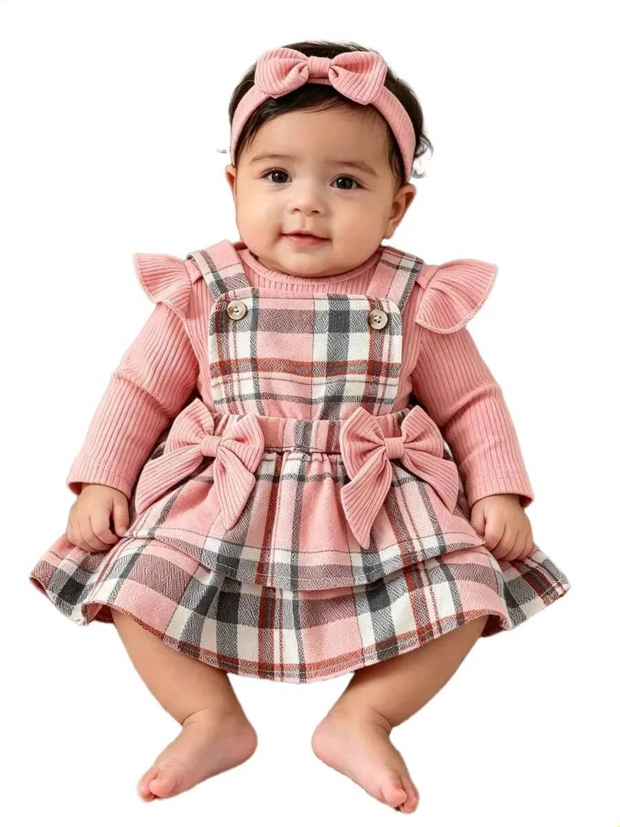 /-conjunto 3 Peças Vestido E Body Bebê Menina Pink 12-18m
