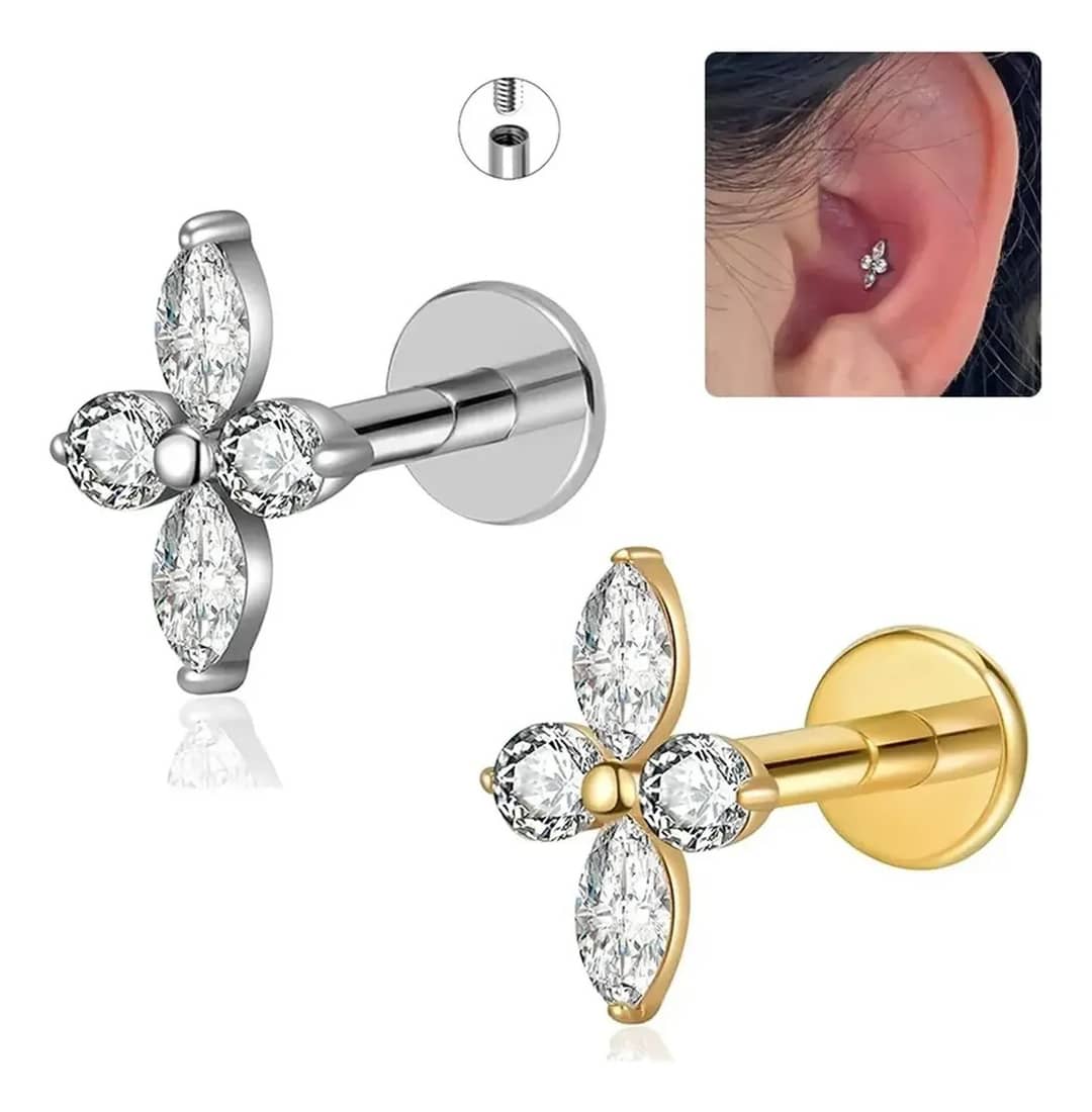 Piercing Helix Conch Labret Aço Cirúgico Pvd Flor Zircônia