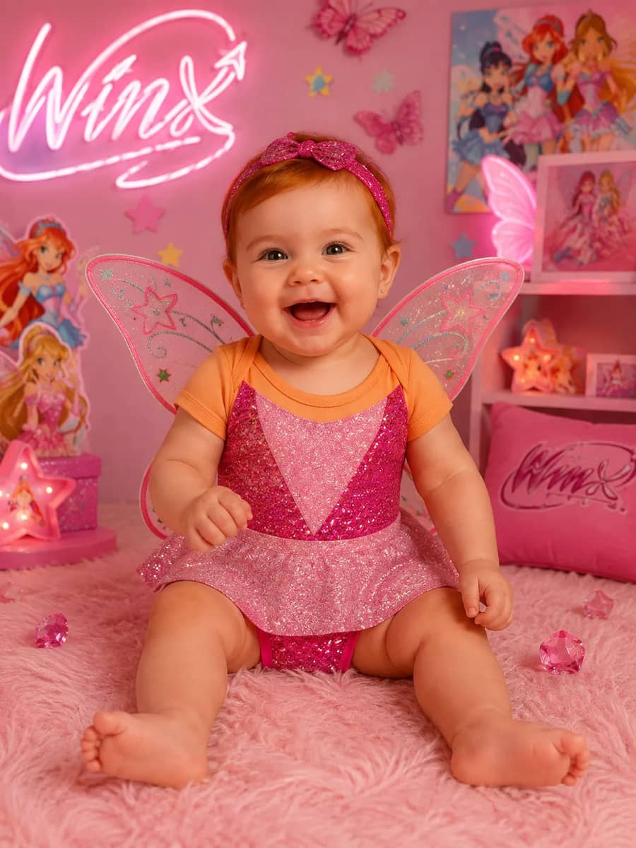 Body Bebê Saia Laço Fantasia Fadas Mesversario Winx Flora Branco Eg 12-18 Meses Estampado