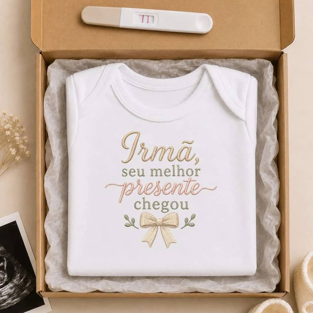 Body Revelação Gravidez Estampa Efeito Bordado Irmã 255-bc Branco P