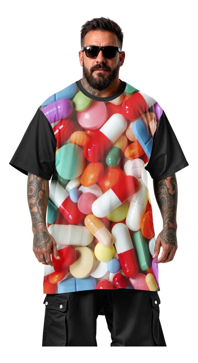 Camiseta Oversized Comprimidos Psicodélicos Rave Festival Preto Pilulas Cápsulas Capsulas Comprimidos Remédios Remedios Farmácia Medicina Ácido Doce Quadradinho Lsd Trip V M Personalizado
