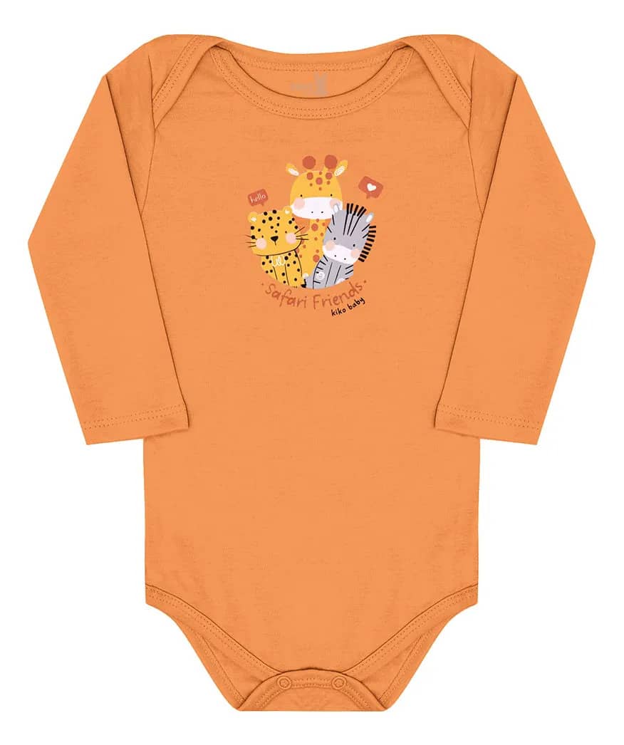 Body Manga Longa Bebê Menino Laranja Safári - Kiko Baby Laranja Rn