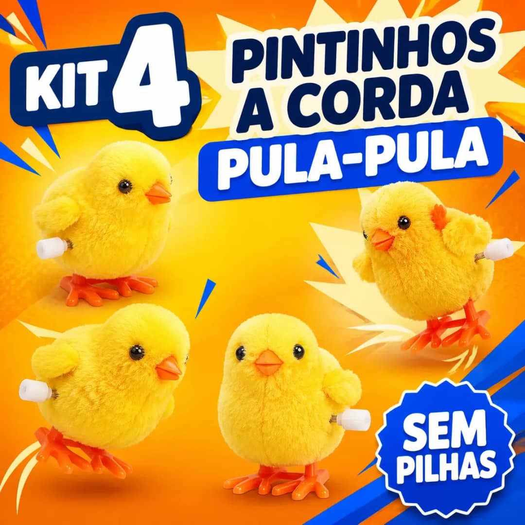 Kit 4 Pintinhos Amarelinhos Pelúcia A Corda 8cm Pula Pula A Amarelo