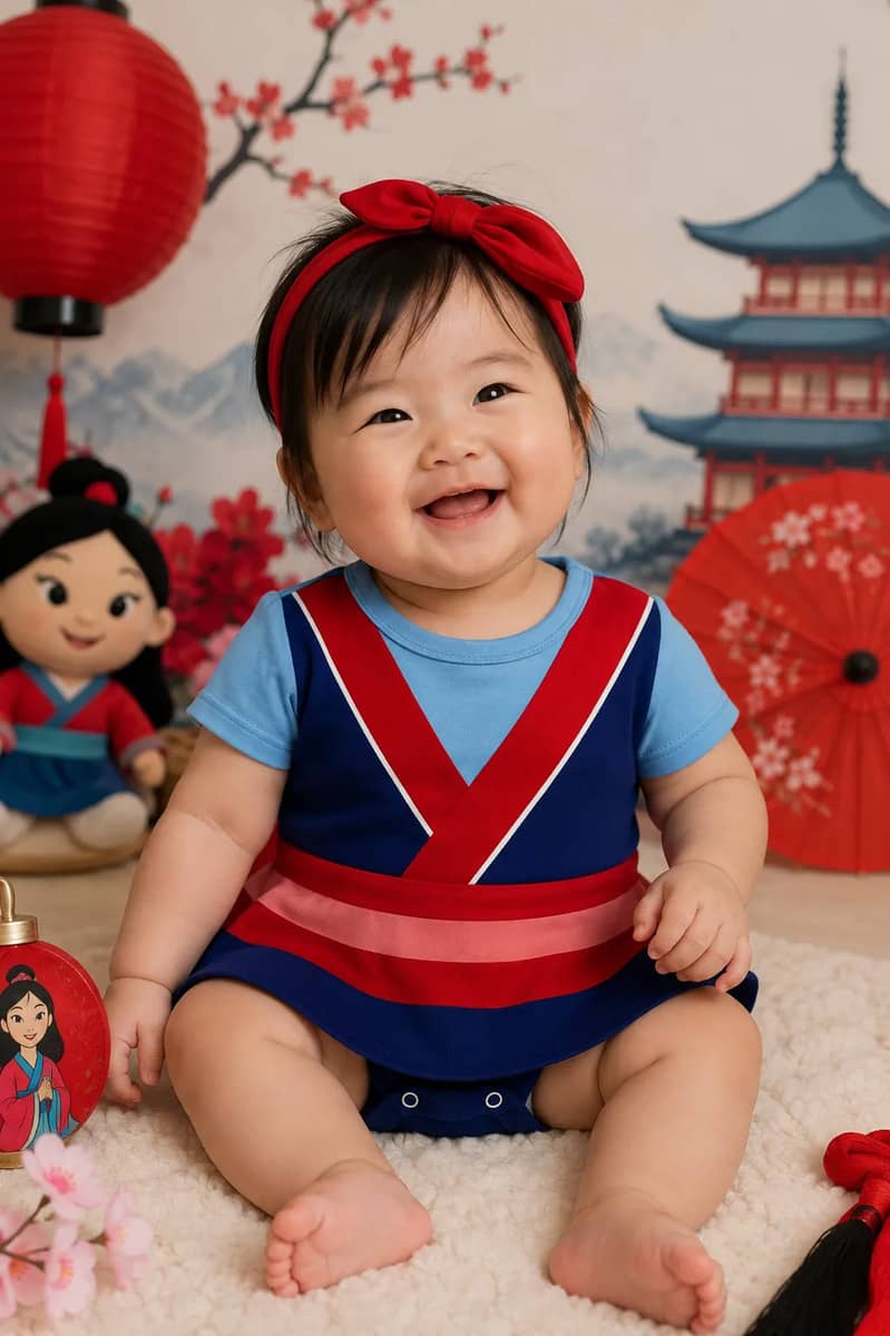 Body Bebê Saia Laço Fantasia Mesversario Princesa Mulan 01 Branco M 3-6 Meses Estampado