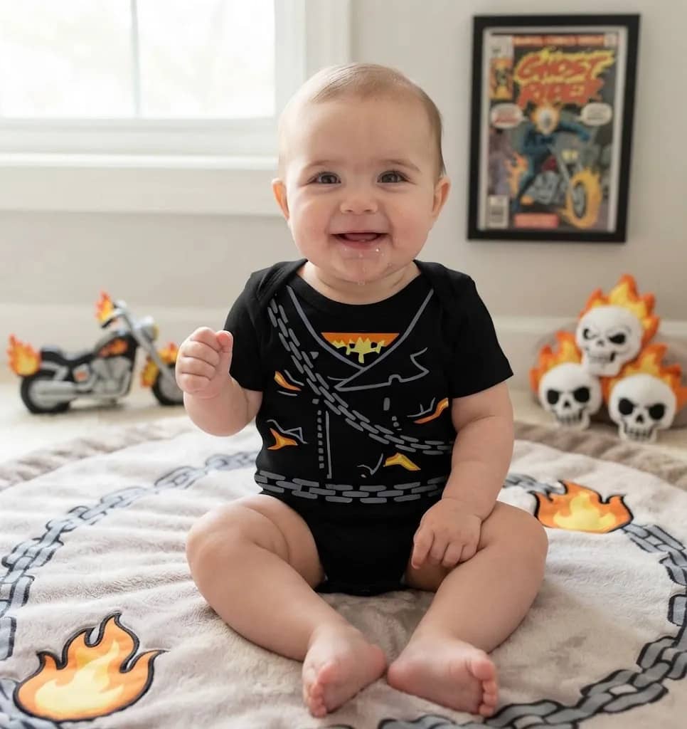 Body Bebê Fantasia Cavaleiro Motoqueiro Fantasma Johnny Moto Branco 9-12 M Estampado
