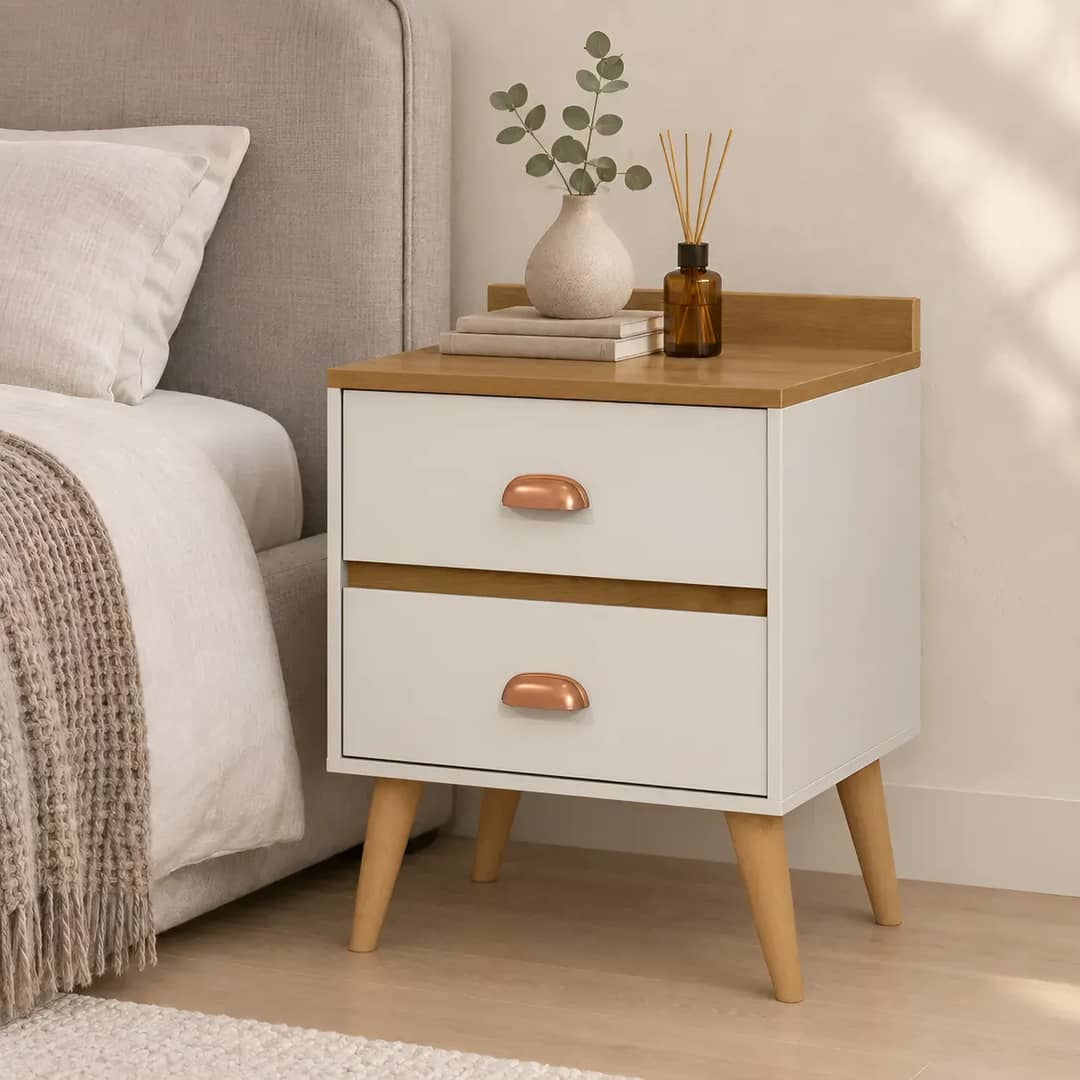 Mesa De Cabeceira Retrô Com 2 Gavetas Compacta Pés Palito