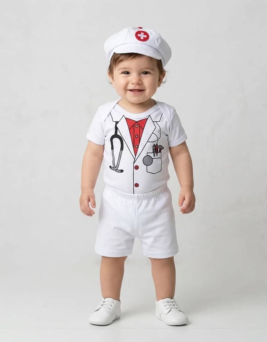 Kit Body Roupa De Bebê Fantasia - Médico + Shorts E Boina Branco G - 6 A 9 Meses