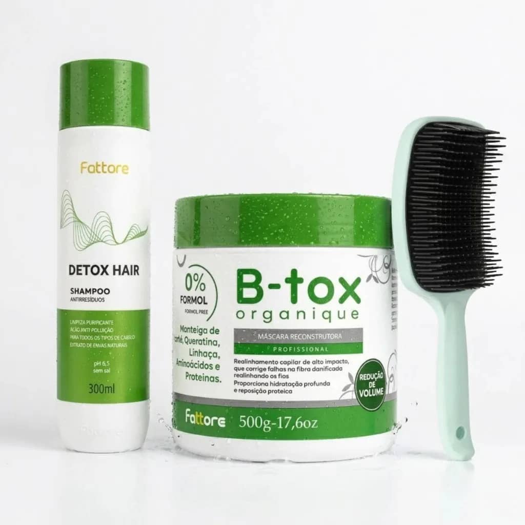 Kit B-tox Organique Profissional 500g Fattore - Realinhamento Sem Formol + Shampoo Detox 300ml + Escova Raquete