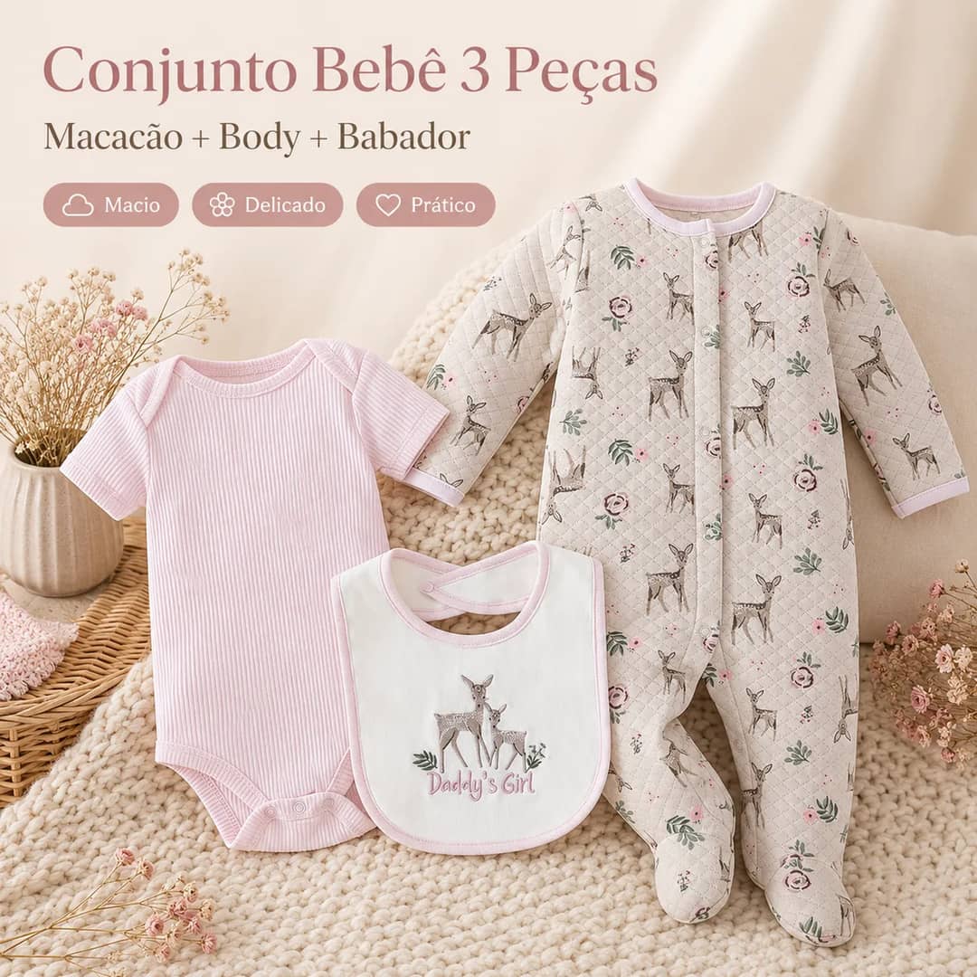 Kit Bebê Maternidade 3 Peças Recém-nascido Macacão Body Rosa Veado 3m (1 A 3 Meses - 4 A 6 Kg)