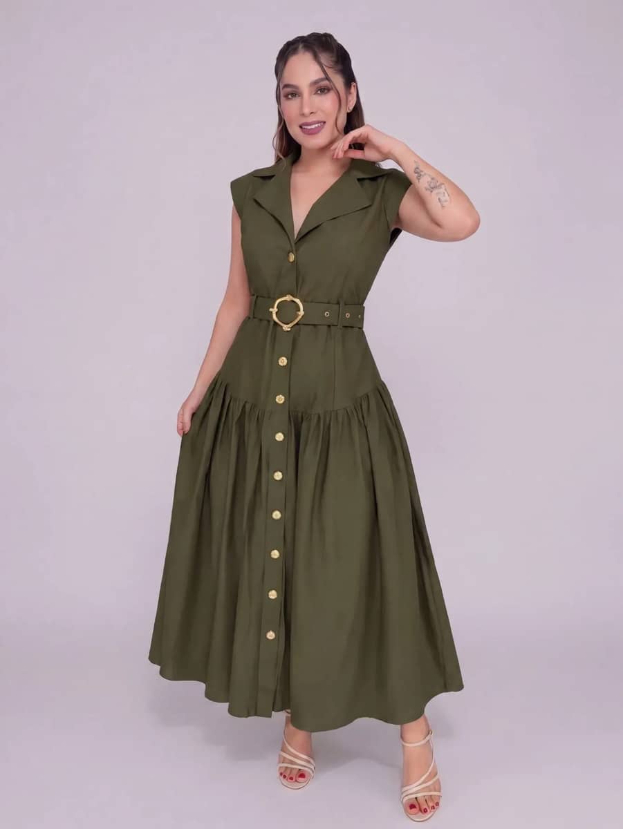 Vestido Elegante Acinturado Sensorial Marrant Do Com Lastex Verde Militar Botões M