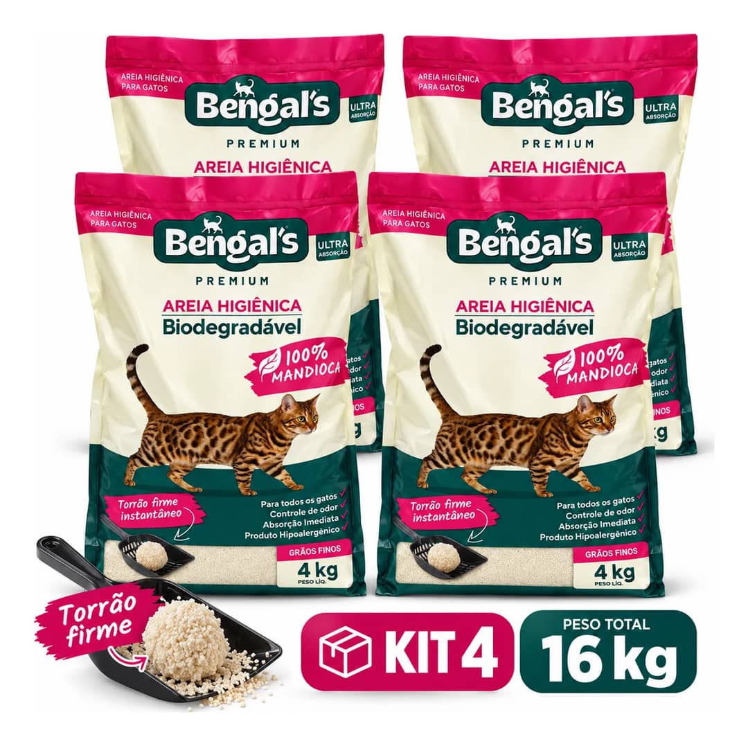 Kit 4 Areia Higiênica Biodegradável Gato Mandioca Fina 4kg