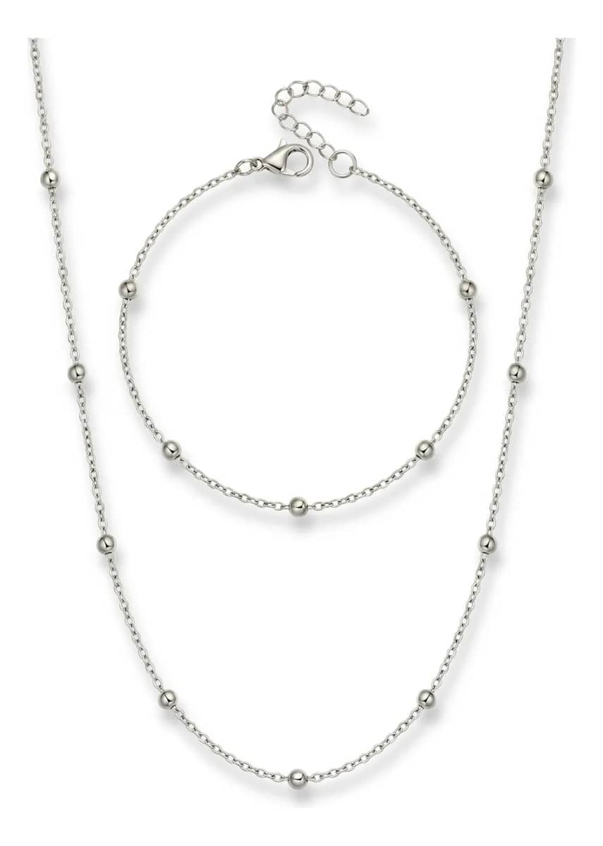 Kit Colar + Pulseira Feminina Bolinhas Aço Inox Prata