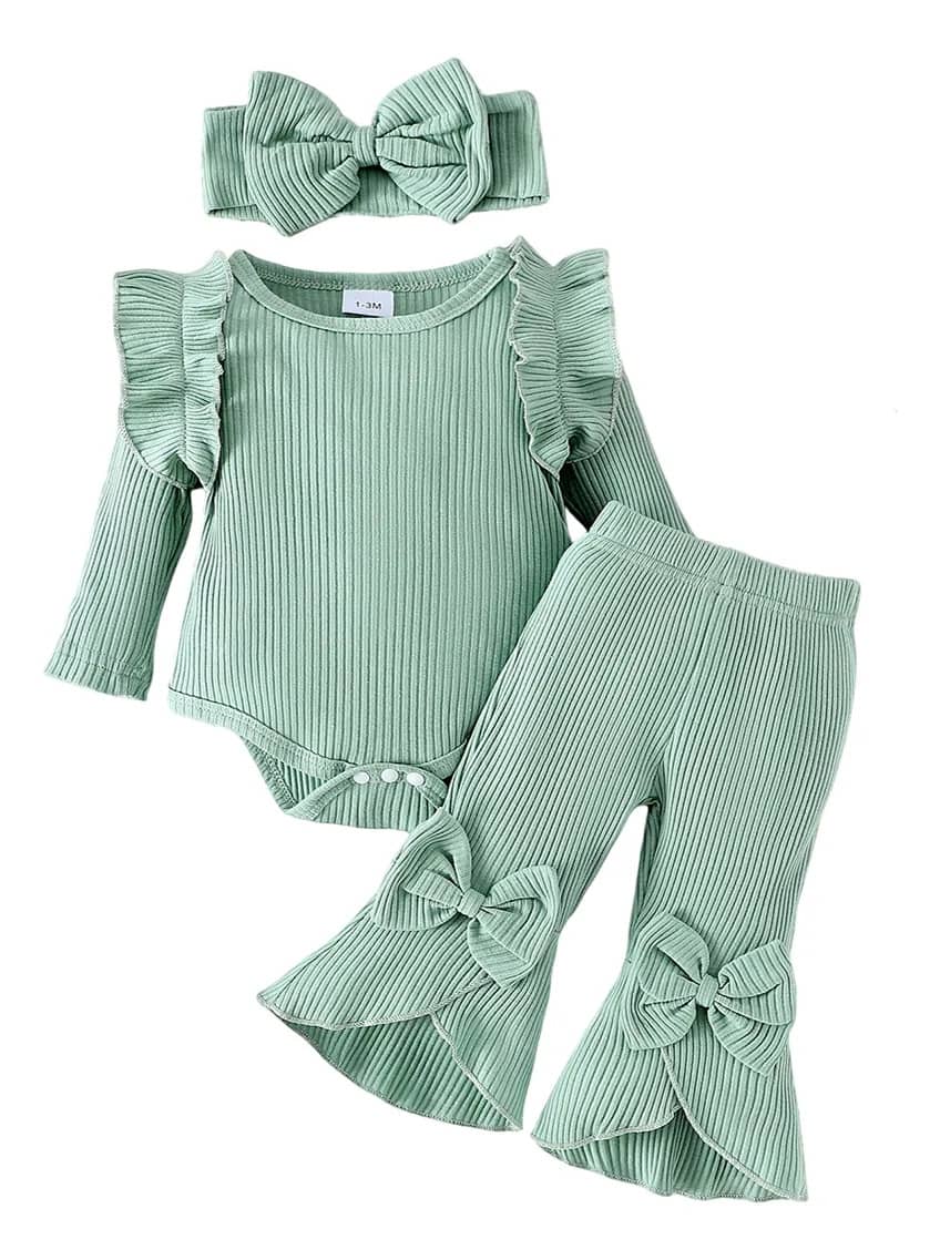 /-conjunto Bebê Menina 3 Peças Body Calça Faixa Verde 9-12m