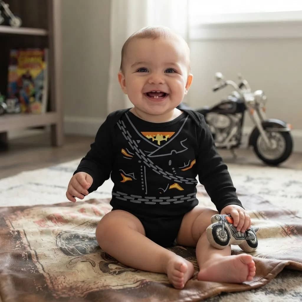 Body Bebê Manga Longa Fantasia Cavaleiro Motoqueiro Fantasma Branco 9-12 M Estampado