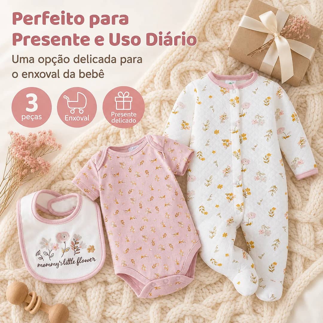 Conjunto Bebê Recém-nascido Matelassê 3 Peças Delicado Flor Amarela 9m (6 A 9 Meses - 8 A 9 Kg)