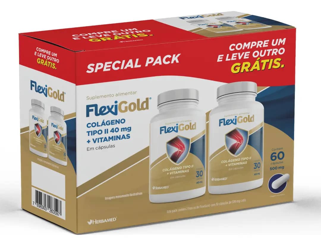 Flexigold Special Pack 60 Cápsulas 500mg Colágeno Tipo 2 E Vitaminas P/ Articulações  Herbamed Sem Sabor