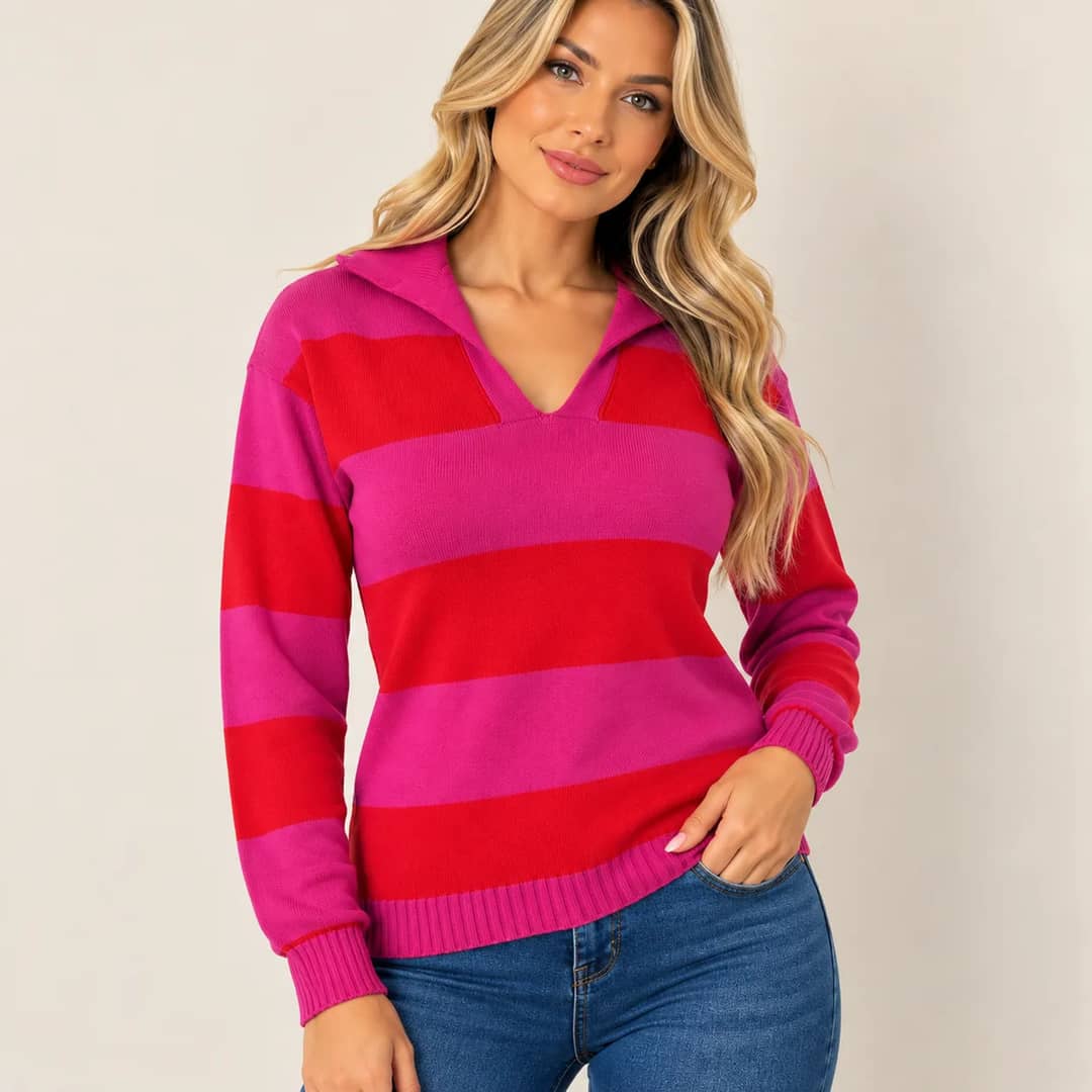 Blusa Feminina Tricot Modal Premium Gola Polo Listrado Mony