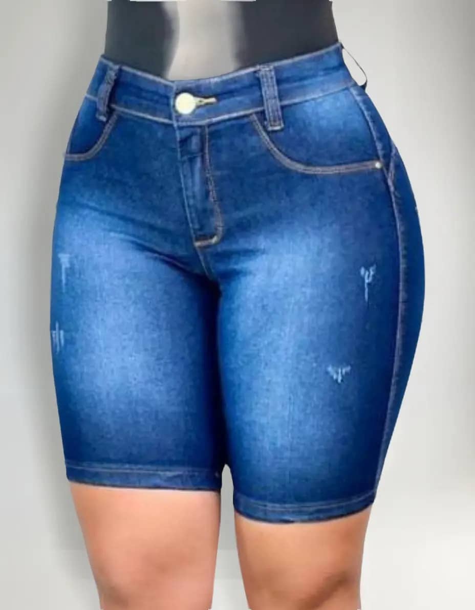 Shorts Jeans Cintura Alta Meia Coxa Lycra Roupas Femininas