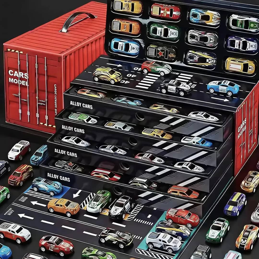 Kit 48 Veículos Em Miniatura Fricção Caixa Pista De Corrida