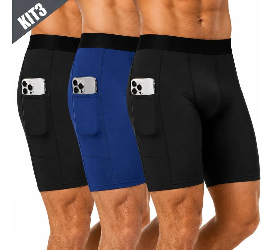 Kit 3 Bermuda Masculino Short Compressão Corrida Bike Bolso