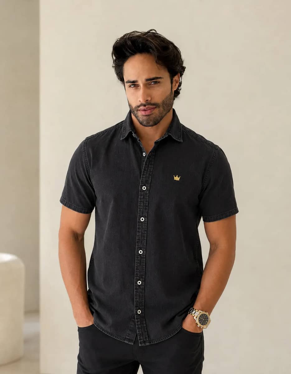 Camisa Jeans Masculina Manga Curta Social Lisa 100% Algodão Preto Gg