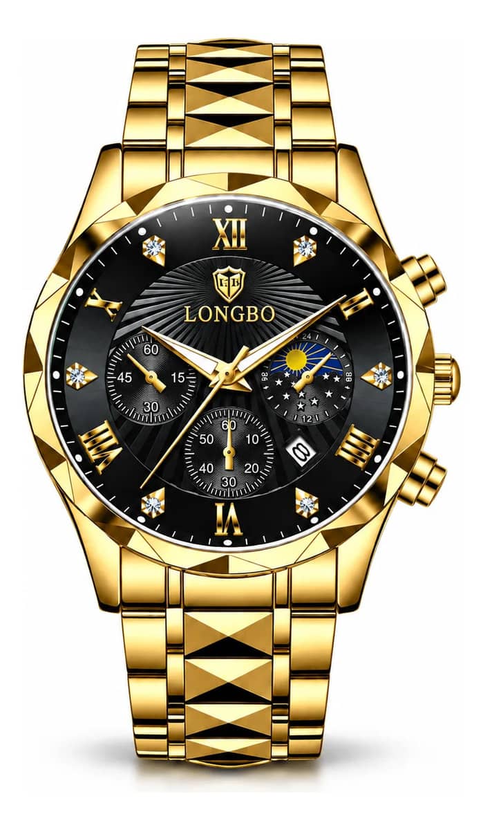 Relógio Masculino Longbo Luxo Aço Inox Quartz 30m Presente Dourado Preto