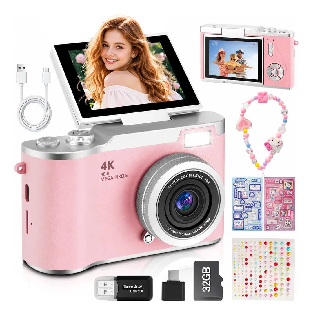 Câmera Digital Portátil 4k Hd Com 32gb Tela Flip Para Selfie Rosa