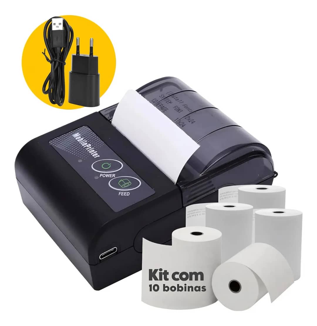 Mini Impressora Portatil Bluetooth Premium Kit C/ 10 Bobinas Pequena Aplicativo Pedidos Qr Code Iget Impressora Preta 127/220v