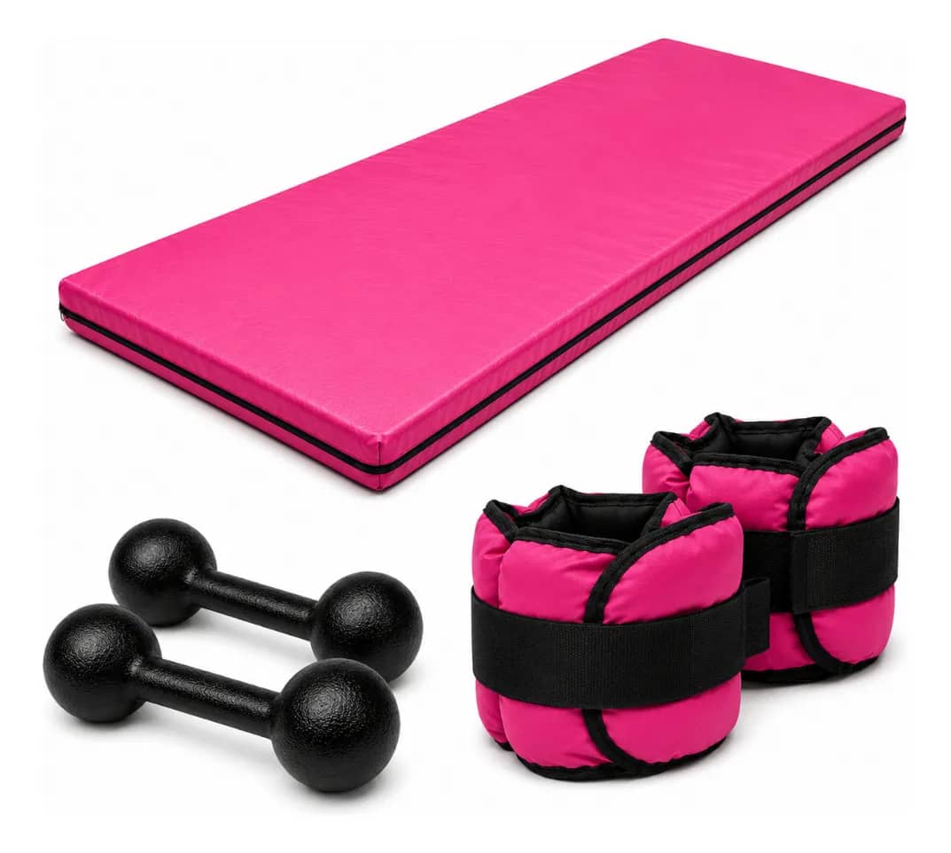 Colchonete Rosa + Par 2kg Halter + Par 2kg Caneleira Rosa Rosa