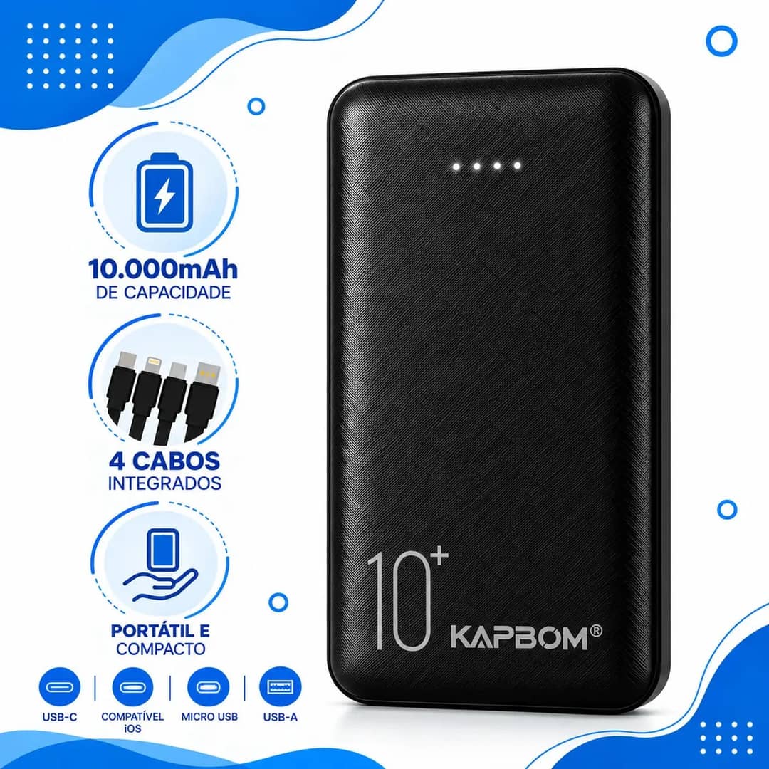 Power Bank 10000mah Carregador Portátil 4 Cabos Integrados Visor Digital Lanterna Led Usb Tipo C Compatível iPhone Samsung Xiaomi Android Bateria Externa Carrega 4 Dispositivos Preto/branco