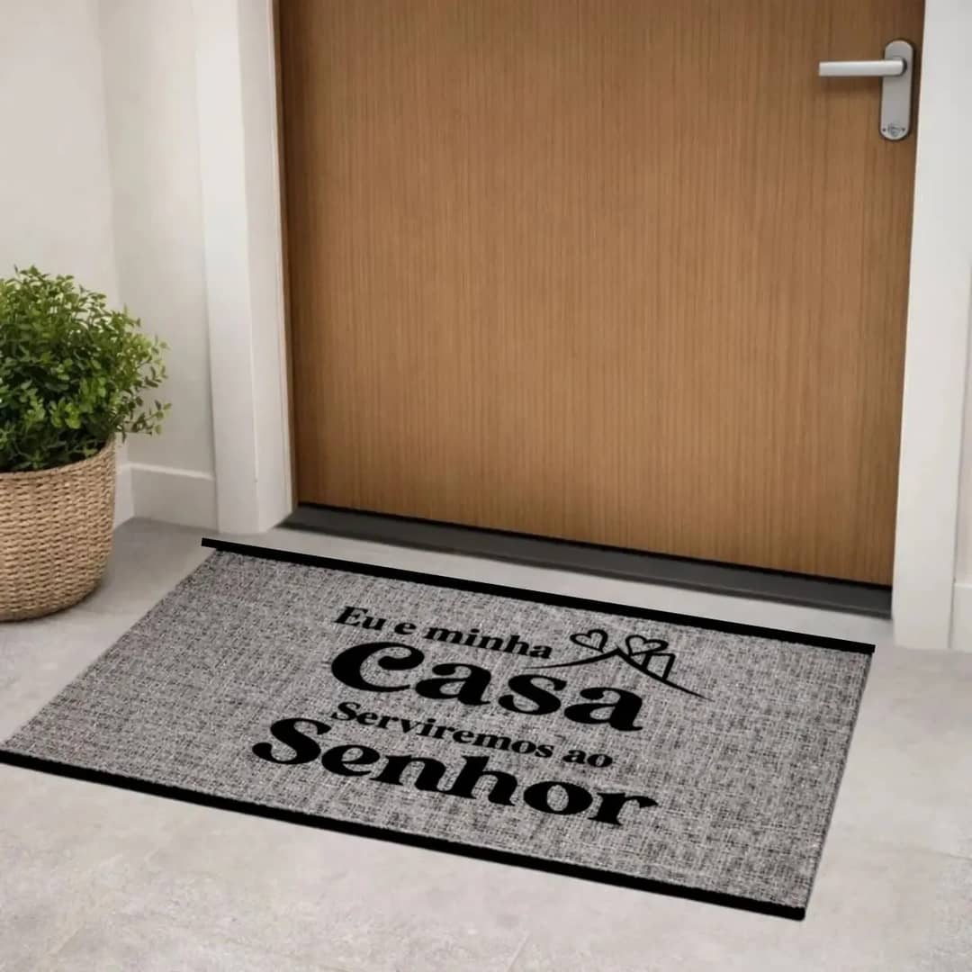Tapete Capacho Entrada Casa De Porta Antiderrapante 40x60 40 M 60 M Eu E Minha Casa Serviremos Ao Senhor Bege 40 Cm 60 Cm Cinza