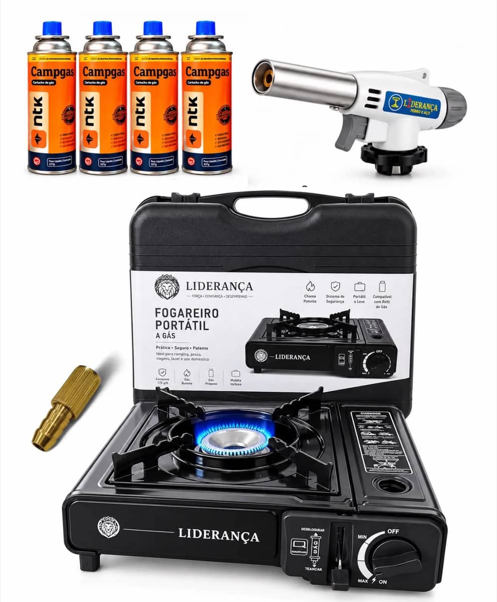 Kit Fogareiro Fogão Portátil Pesca Camping Com Acessórios Preto