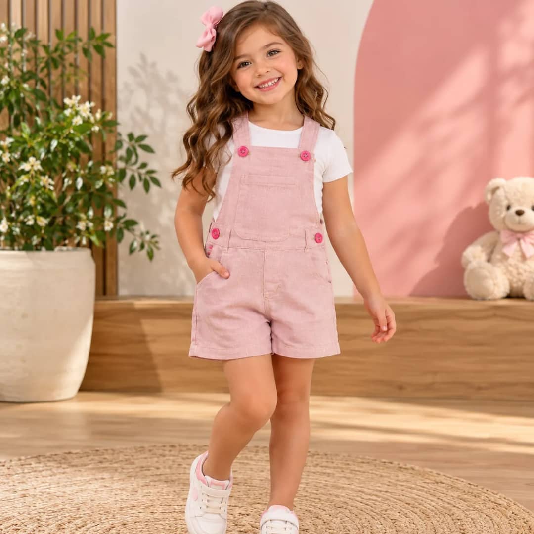 Jardineira Macacão Infantil Menino Menina Unissex 1 Ao 3 Rosa Lisa 3