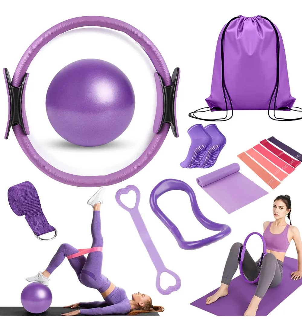 Anel Tonificador Arco Pilates Yoga +faixa Elástica+bola Kit Violeta