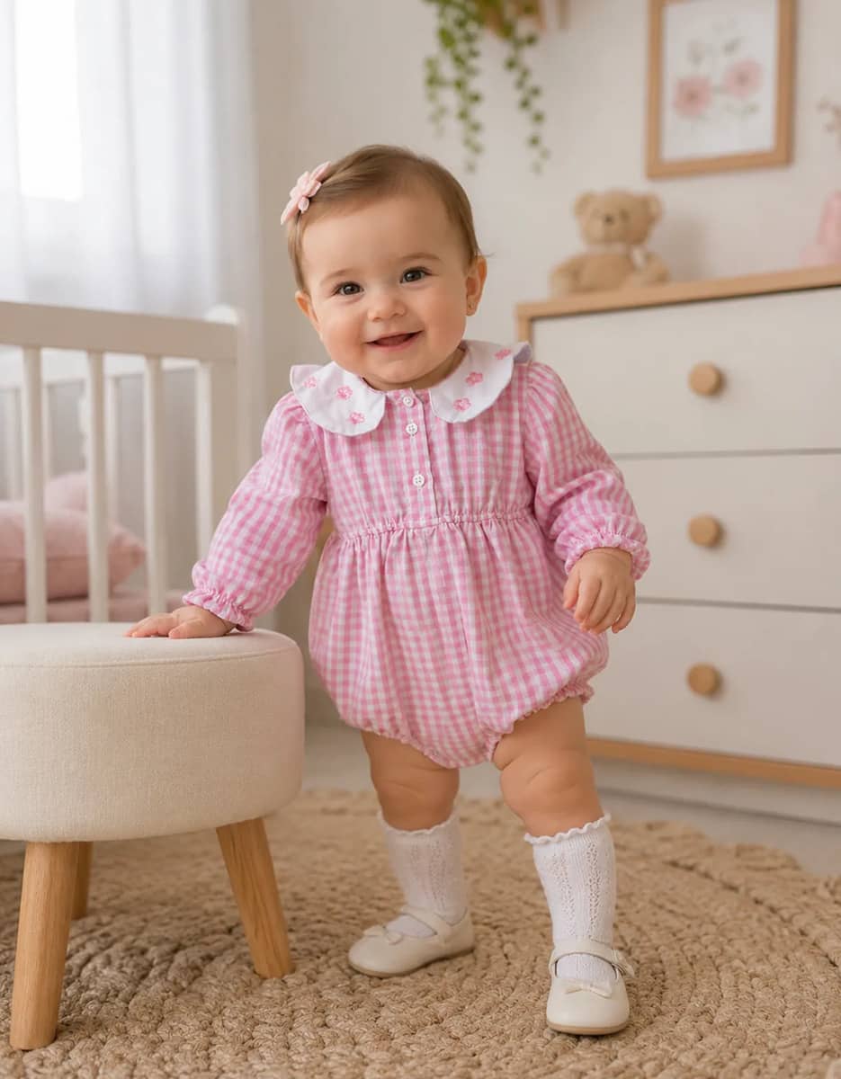 Romper Body Camisa Xadrez Rosa Manga Longa Infantil Menina Rosa Xadrez 1 - 1 A 2 Anos