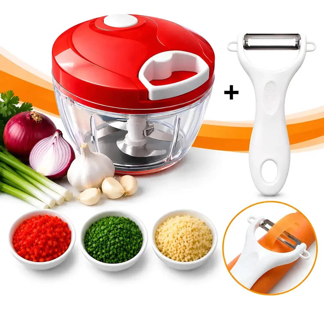 Processador Triturador Alimentos Alho Cebola Manual + Vermelho Portátil Compacto 3 Lâminas Aço Inox Verduras Legumes Temperos