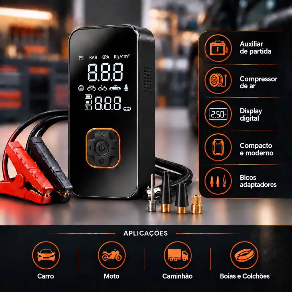 Auxiliar De Partida Bateria Carro Com Compressor De Ar Portátil 12v Calibrador Digital Pneu Inflador Veicular Emergência Automotivo Para Moto Suv Caminhonete Pickup Hardline