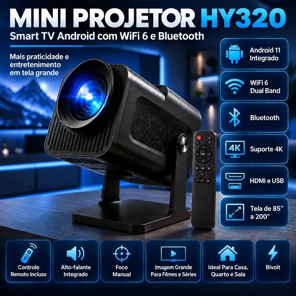 Projetor Hy320 Mini Portátil Hardline Smart Tv Android Wifi 6 390 Ansi Lumens Full Hd Suporte K Hmi Bluetooth 85-200 Polegadas Alto Falante Com Controle Remoto Bivolt Preto 127/220v