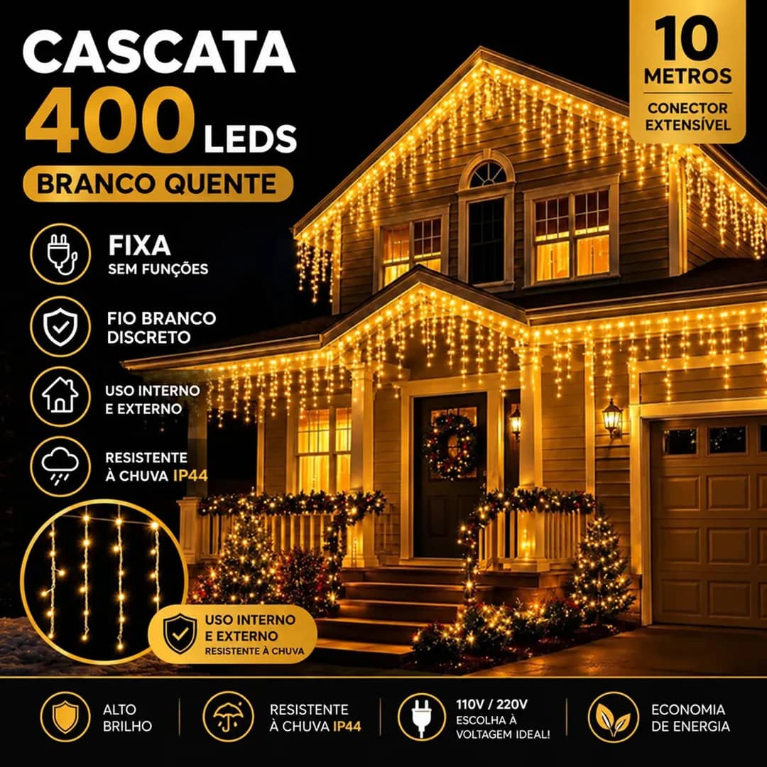Cascata Natal Luz Fixa 400 Leds 10 Metros Branco Quente Extensível Macho Fêmea A Prova D'agua Área Interna E Externa Laruno 220v