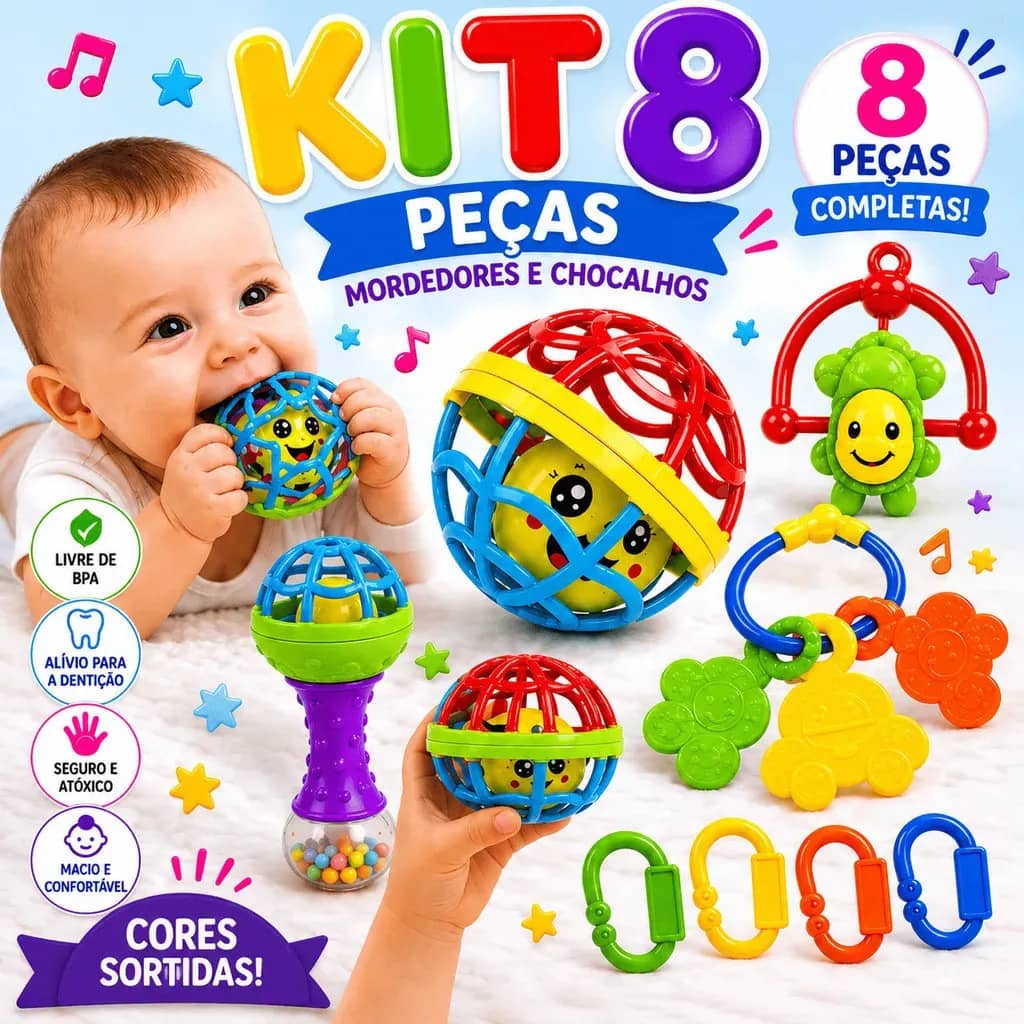 Kit Mordedor Para Bebê Brinquedo Sensorial Silicone Com Chocalho 8 Peças Coloridas Colorido Diversos