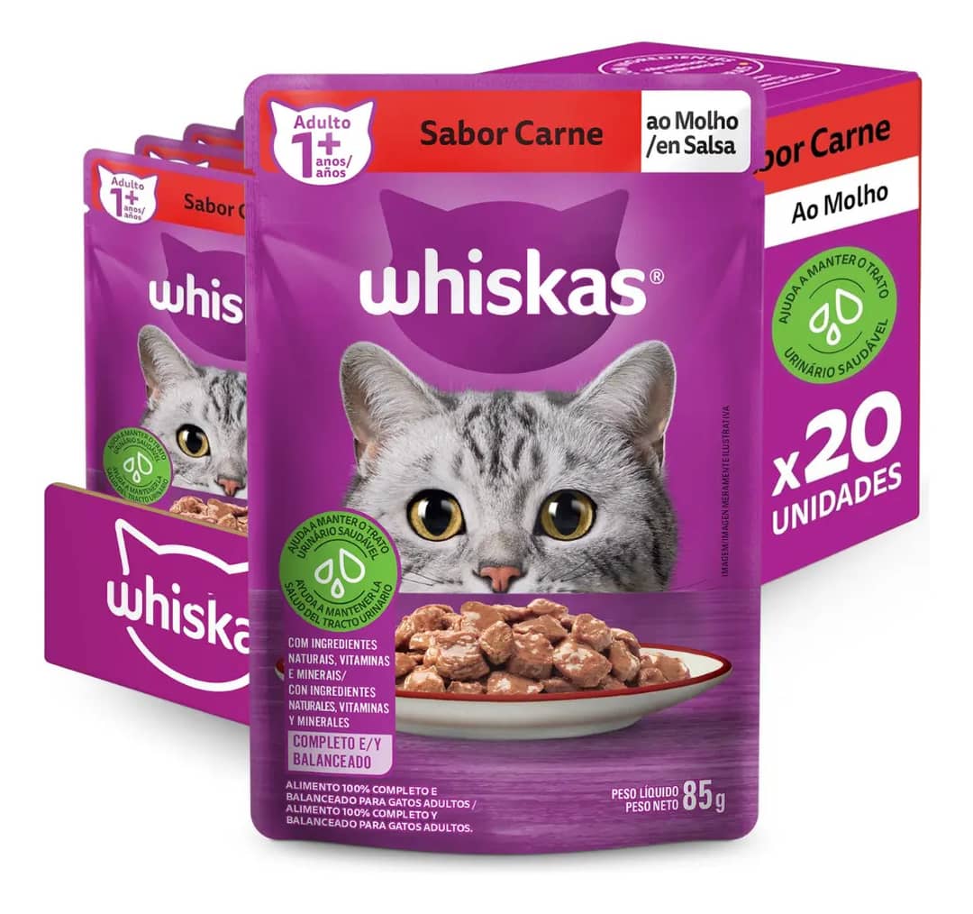 Whiskas Sachê Carne Ao Molho Para Gatos Adultos Kit 20 Unidades De 85 G