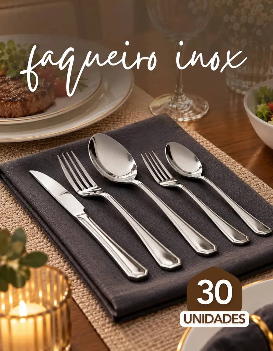 Faqueiro Inox 30 Pecas Jogo De Talheres Aco Inoxidavel Facas Garfos Colheres Mesa Sobremesa Completo Cozinha Jantar Sofisticado Resistente Elegante Ideal Requintado Prateado