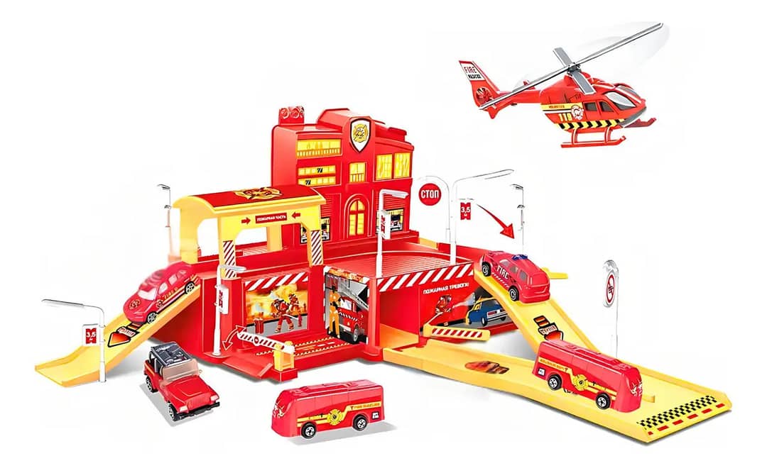 Pista De Carrinhos Infantil Bombeiro Com 5 Veículos E Acessórios Maxi Toys Vermelho
