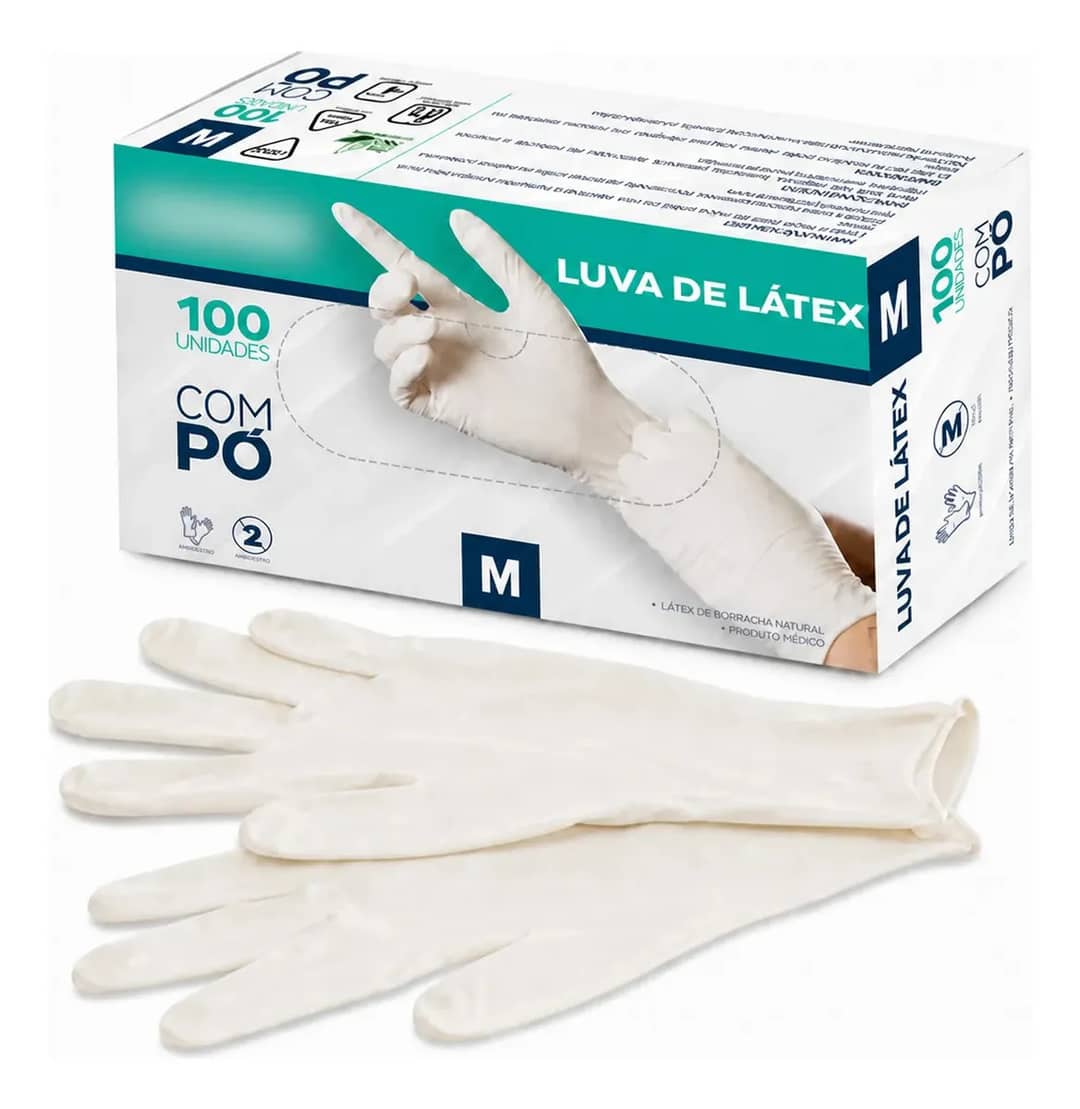Luva De Látex Descartável Branca Com Pó Tamanho M Caixa 100 Unid Branco