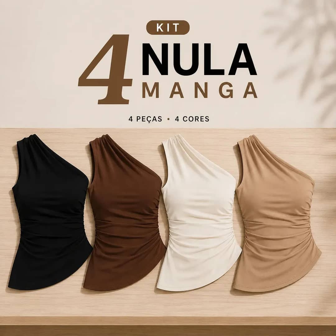 Kit 4 Blusa Nula Manga Feminina Elegante Franzido Assimétric Preto Branco Marrom Nude P
