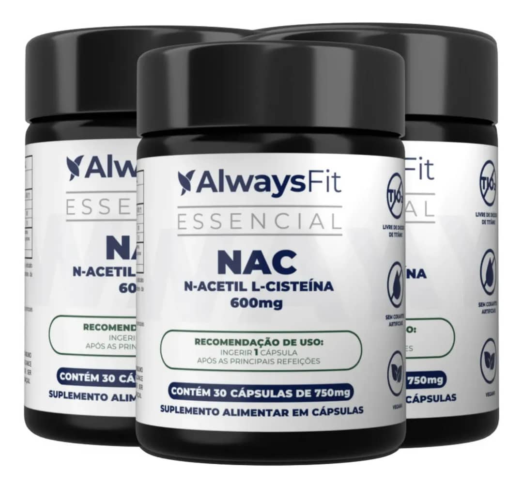 Kit 3x Nac Alwaysfit 600mg - N-acetil L-cisteína - 90 Cáps Sem Sabor